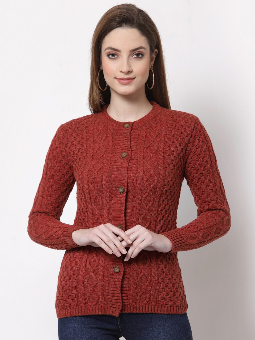 

Kalt Women Rust Cable Design Acrylic Cardigan