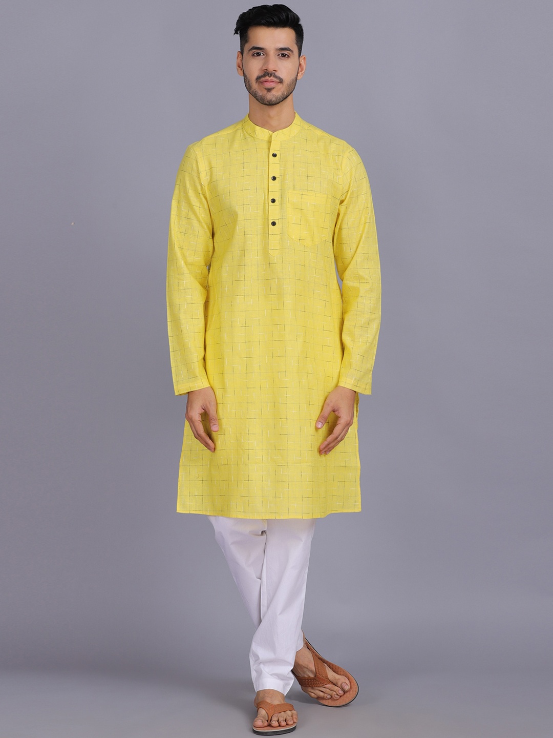 

Waahiba Men Mustard Yellow Striped Thread Work Kurta