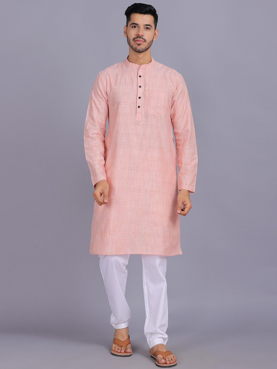 

Waahiba Men Peach-Coloured Thread Work Kurta