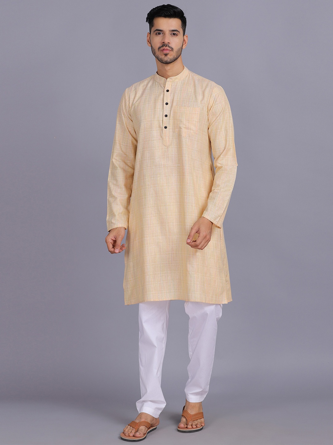 

Waahiba Men Beige Thread Work Handloom Kurta