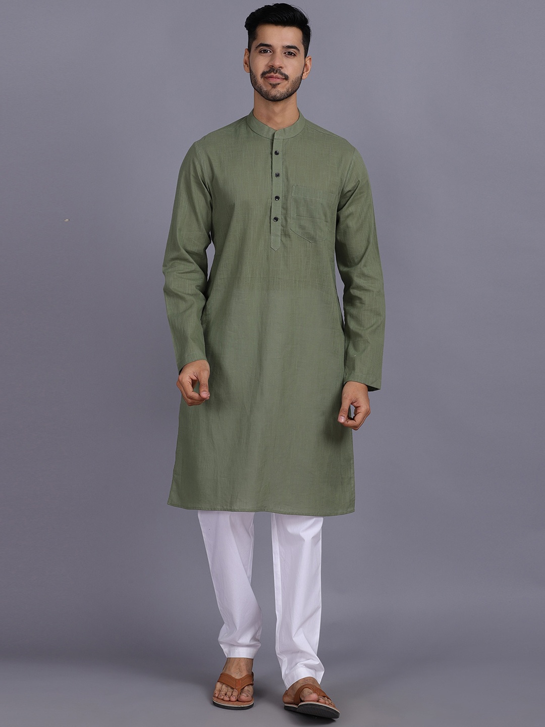 

Waahiba Men Green Thread Work Handloom Kurta