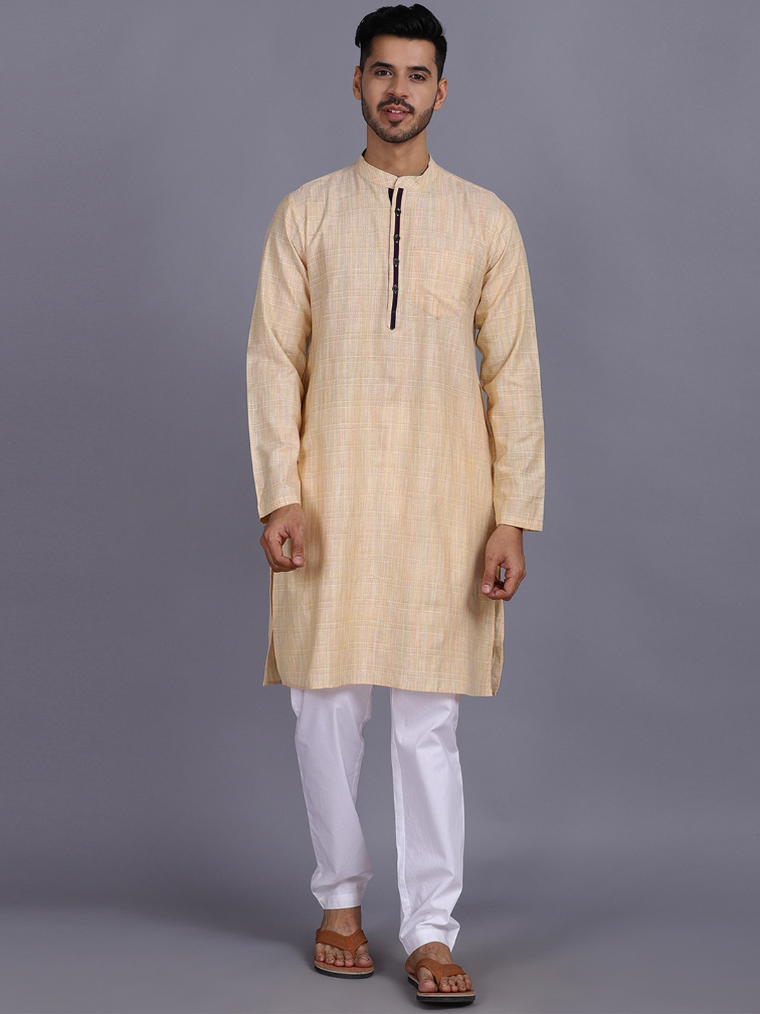 

Waahiba Men Beige Thread Work Handloom Kurta