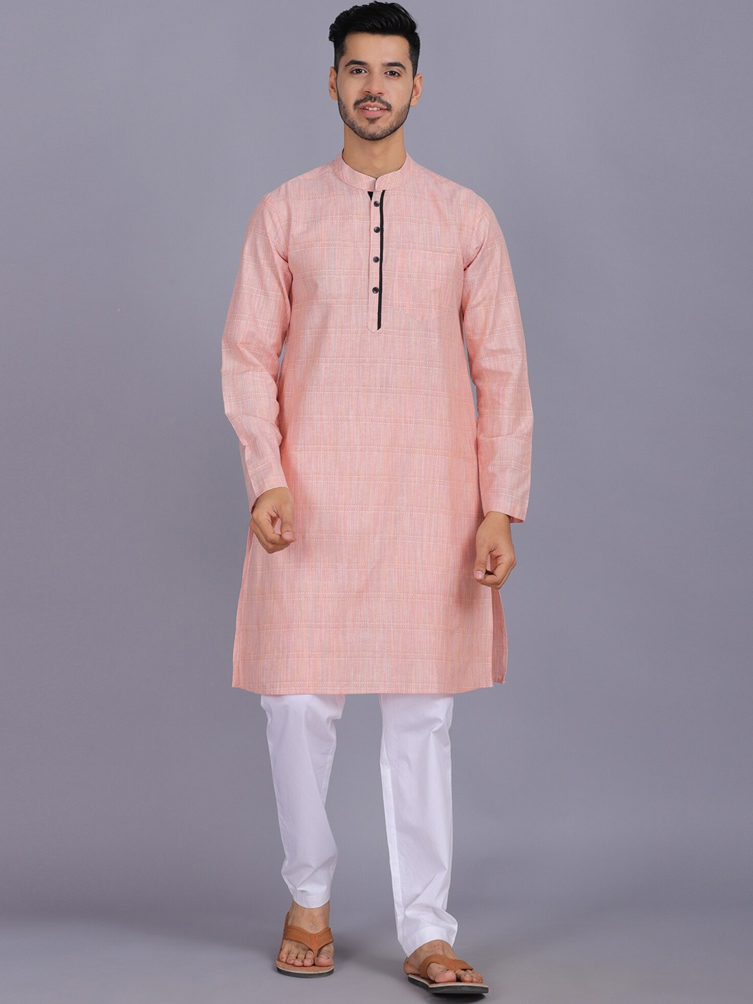 

Waahiba Men Peach-Coloured Chikankari Handloom Kurta