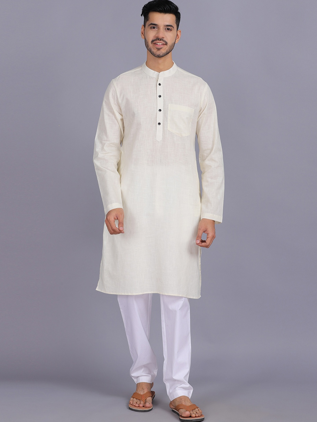 

Waahiba Men Cream-Coloured Thread Work Handloom Kurta