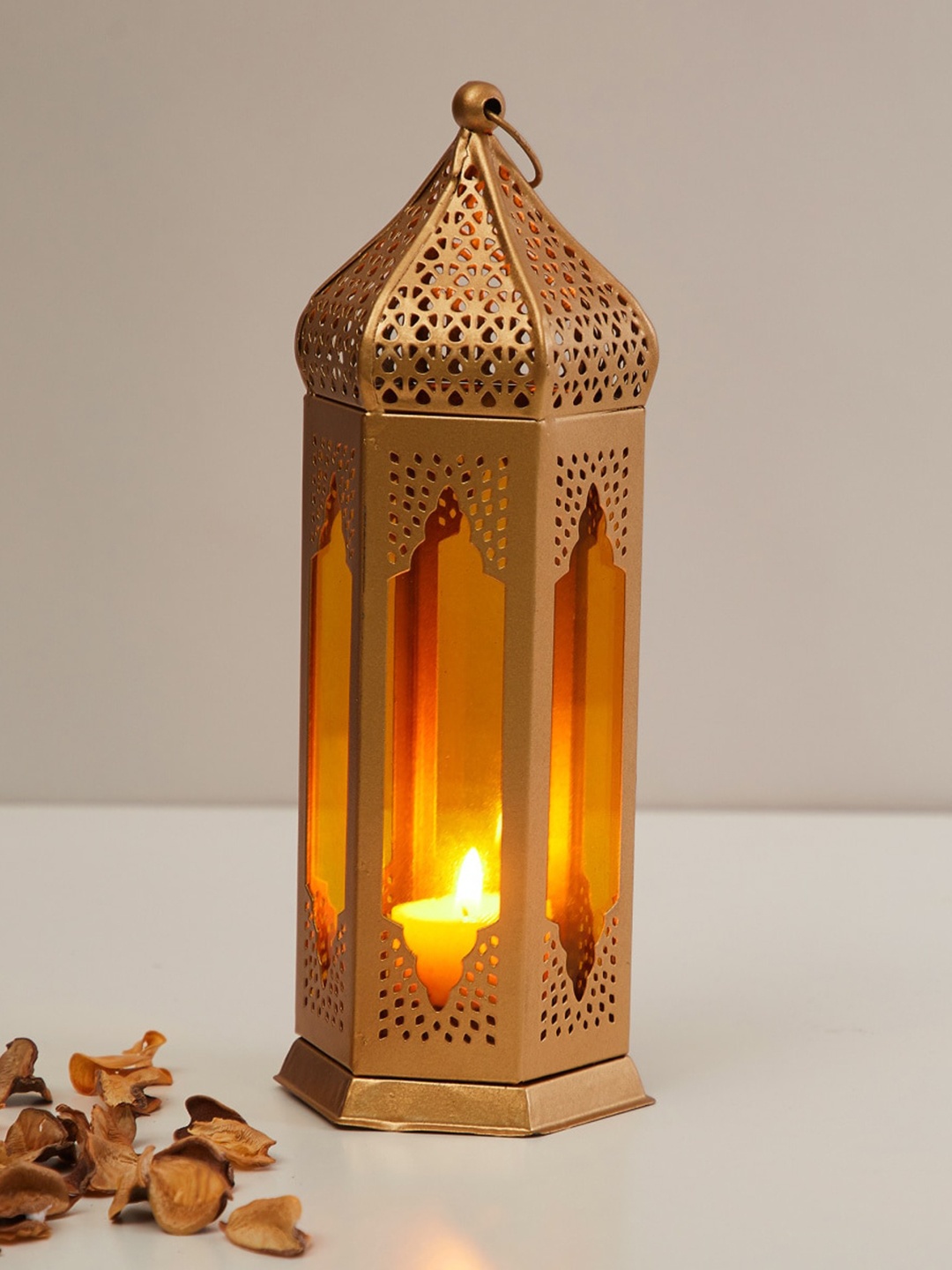 

Home Centre Gold Textured Metal Lantern Corsica Candle Holder