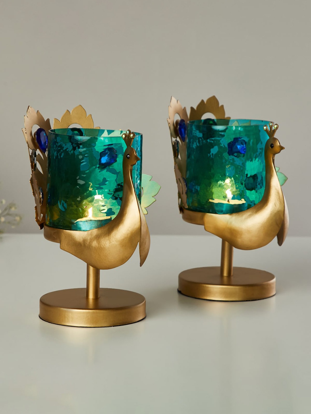 

Home Centre Set of 2 Corsica Gold & Blue Glass Peacock Design T-lite Holder