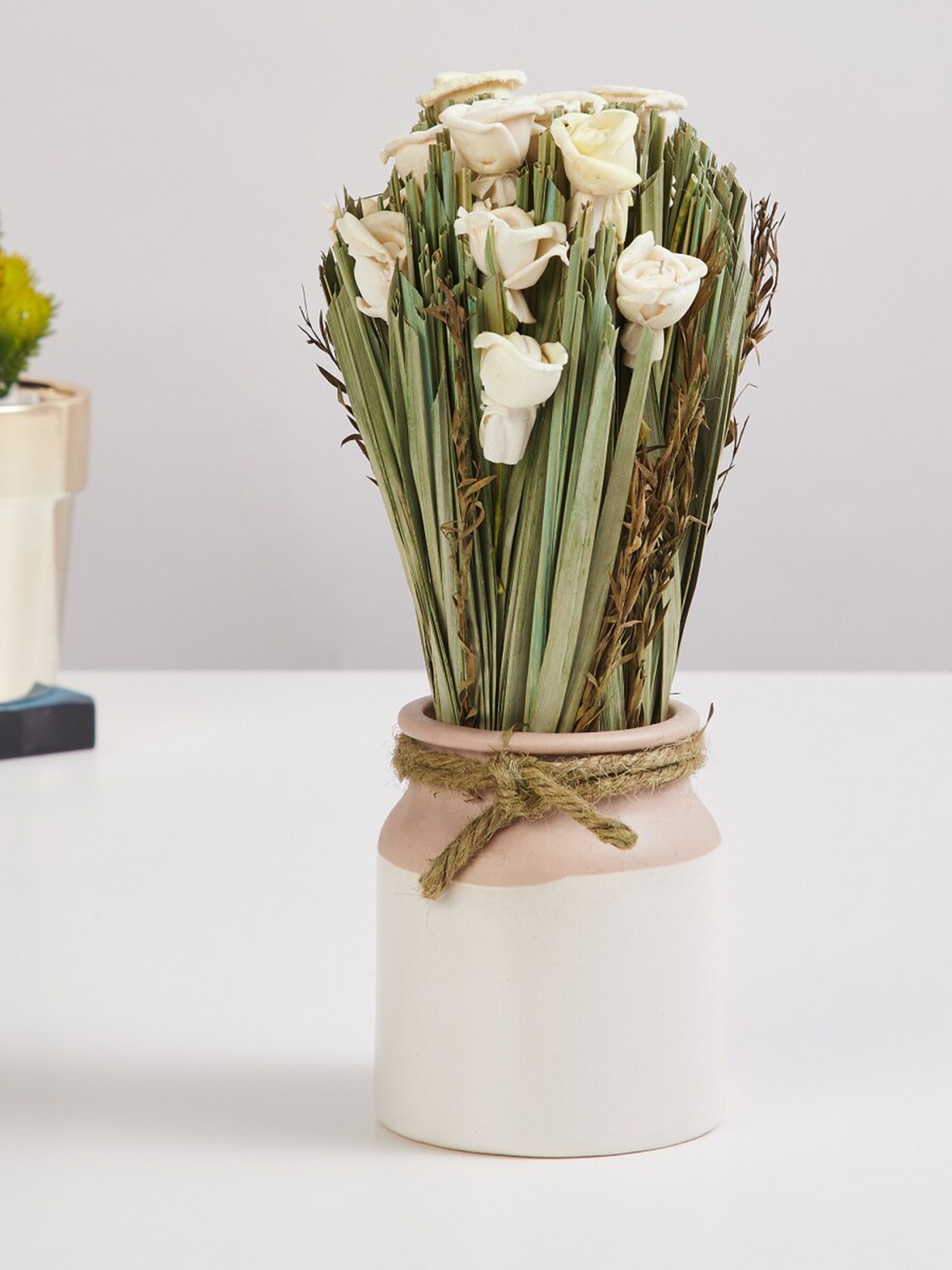 Home Centre White Artificial Mini Roses in Ceramic Pot