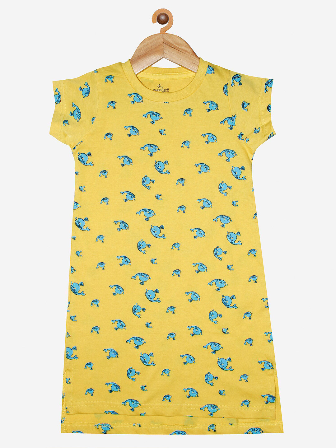 

KiddoPanti Girls Yellow & Blue Fish Printed Pure Cotton Nightdress