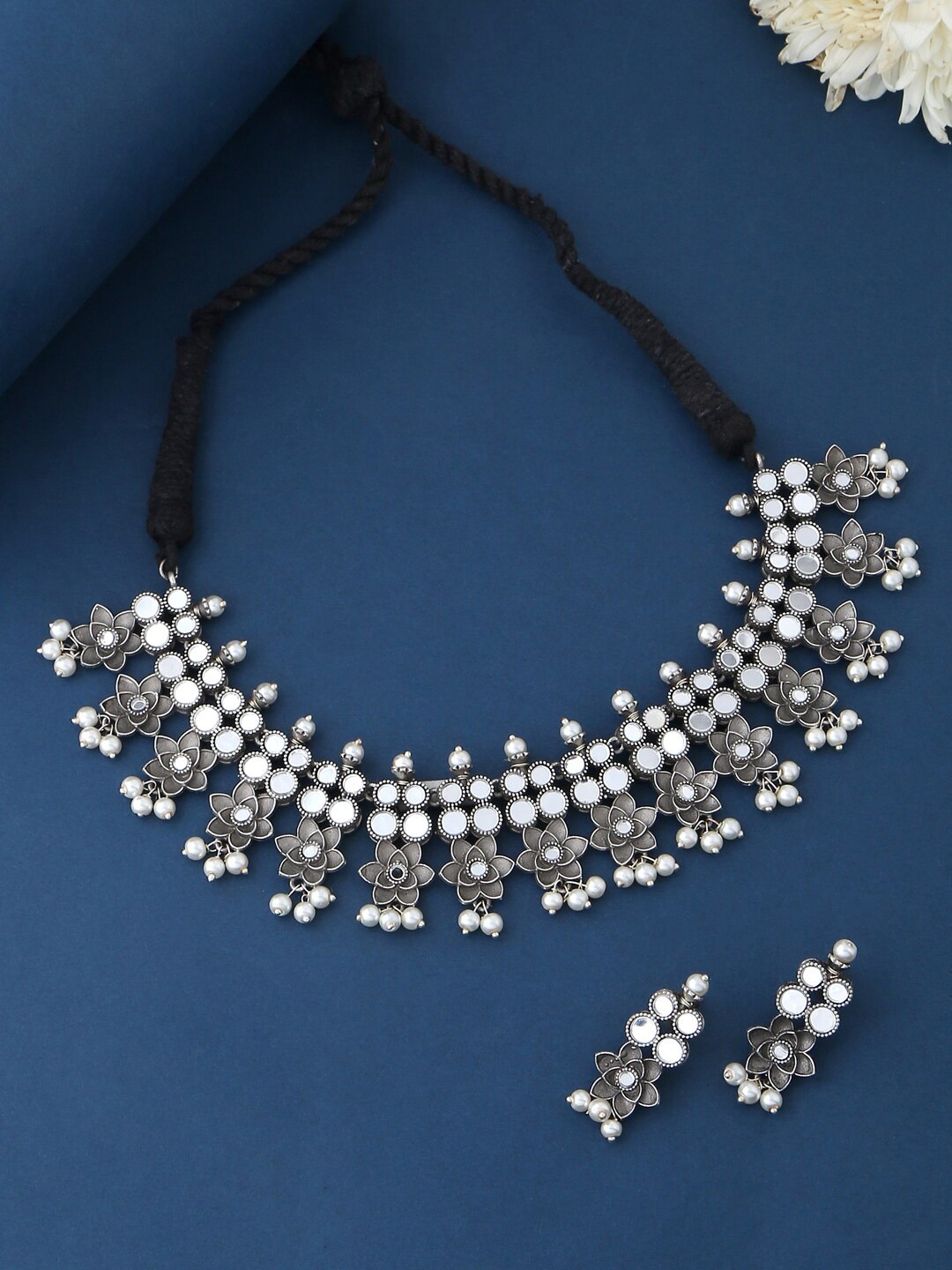 

VIRAASI Oxidized Silver-Plated Pearl Beaded Mirror Work Jewellery Set