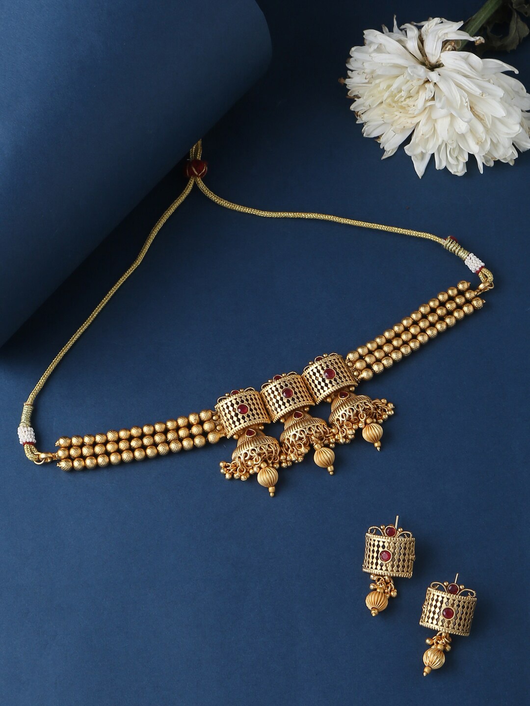 

VIRAASI Gold-Plated & Red Stone Studded Choker Necklace Jewellery Set
