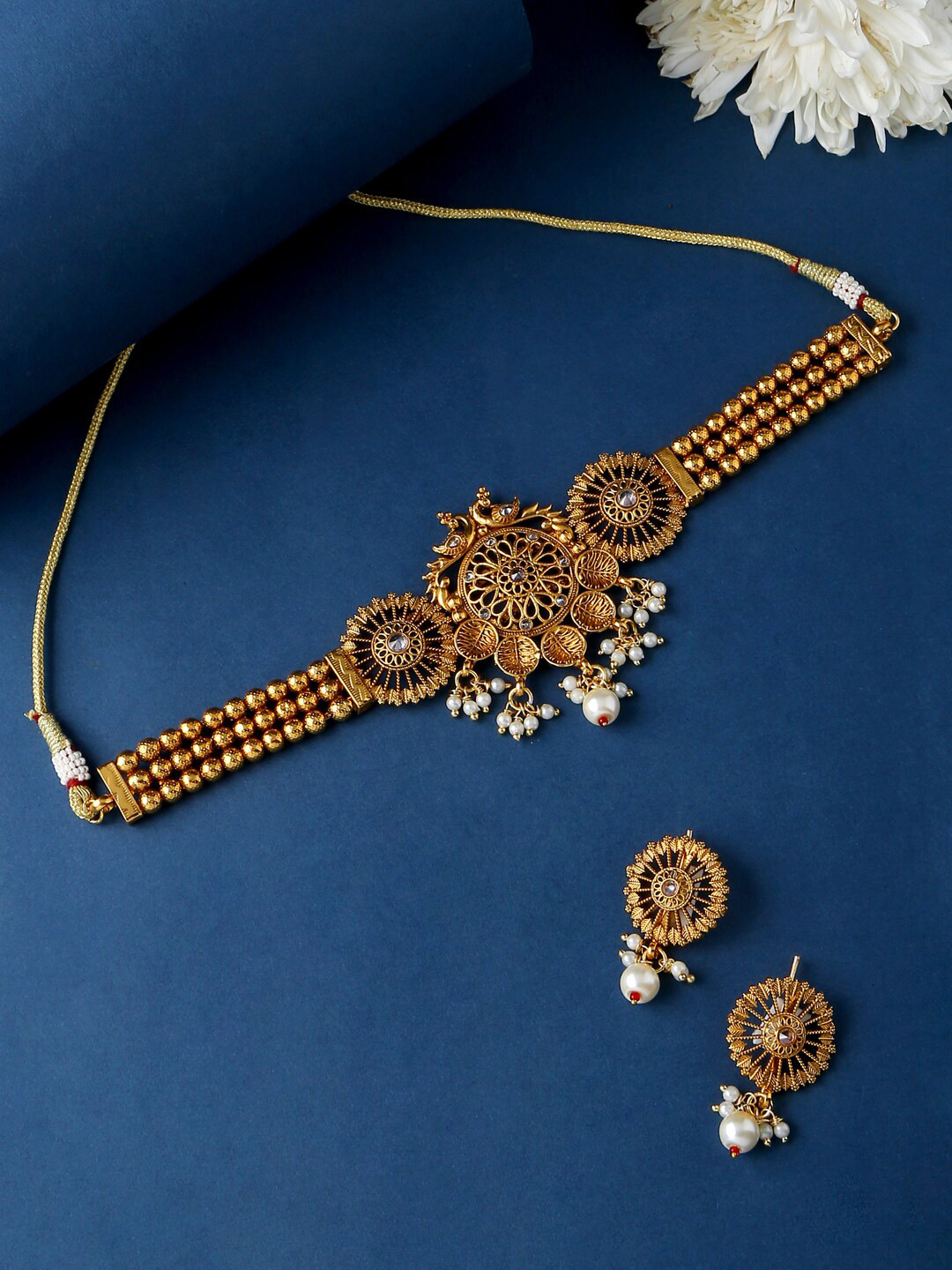 

VIRAASI Gold-Plated White Pearl-Studded Choker Necklace Jewellery Set
