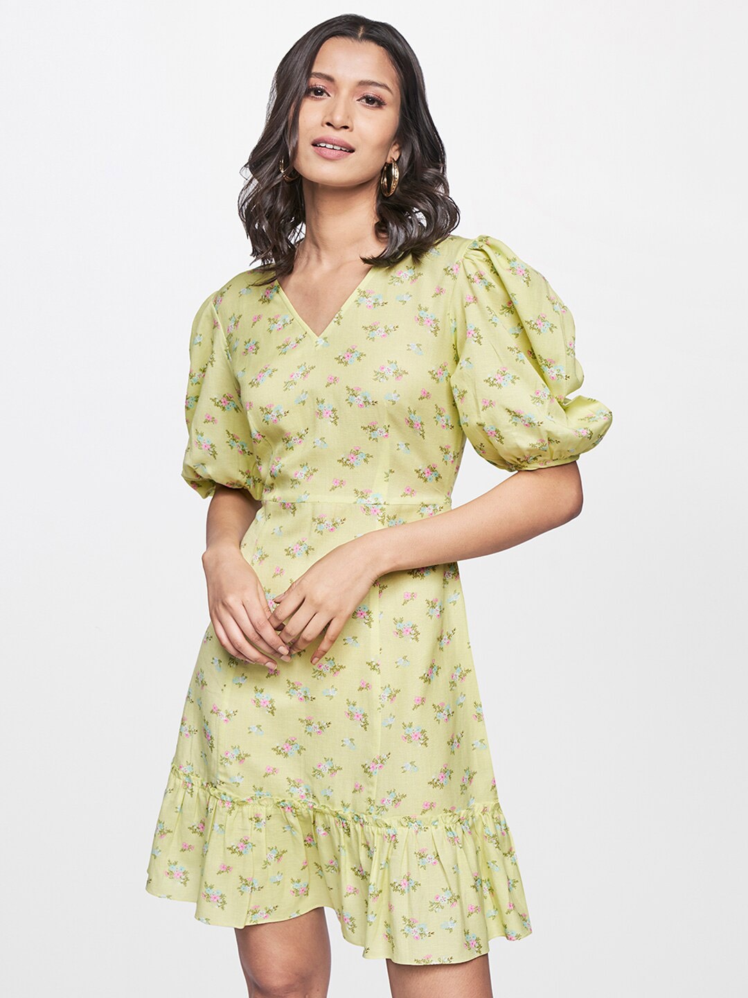 AND Women Lime Green Floral Georgette Dress