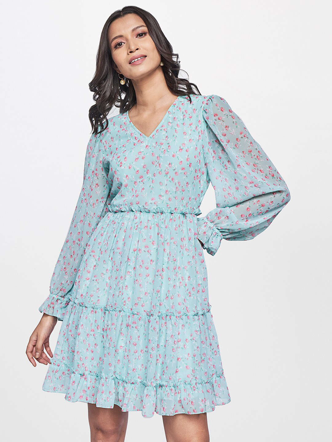

AND Women Blue Floral Georgette Dress
