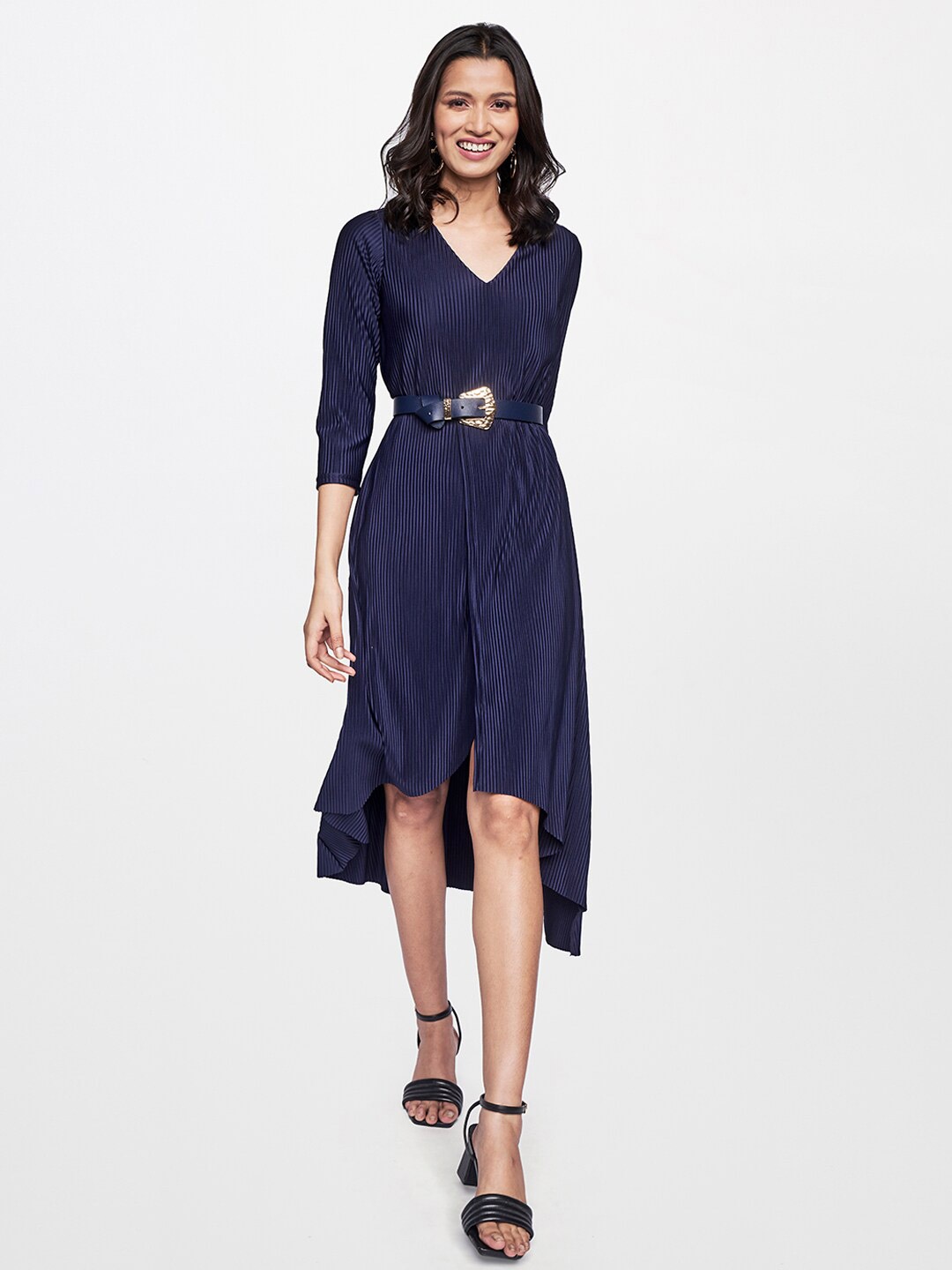 

AND Women Navy Blue Georgette A-Line Midi Dress