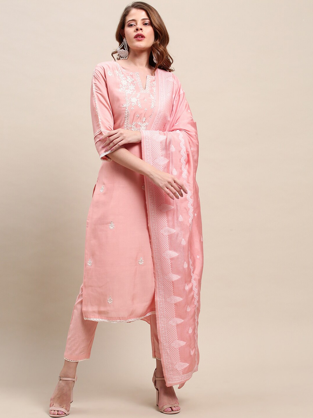 

FASHOR Women Pink Floral Embroidered Kurta with Trousers & With Dupatta