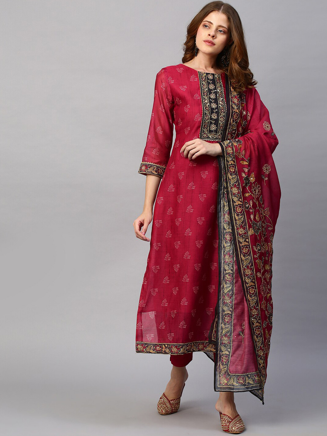 

FASHOR Women Red Embroidered Kantha Work Chanderi Silk Kurta Set