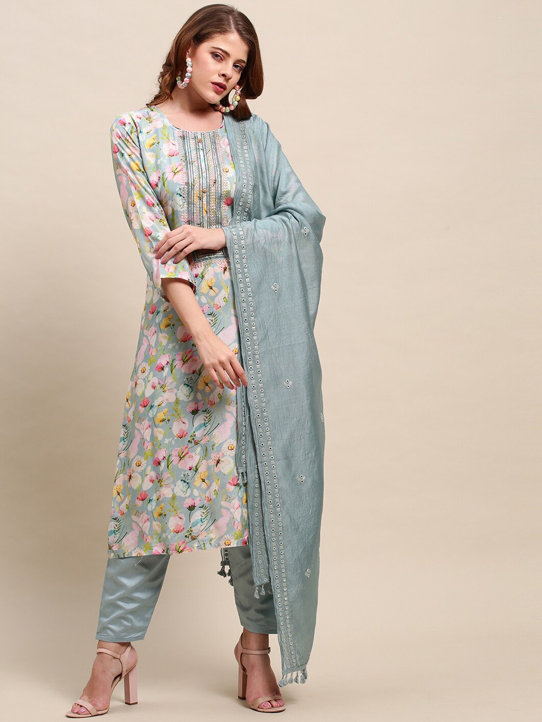 

FASHOR Women Blue Printed Mirror Work Kurta with Churidar & With Dupatta