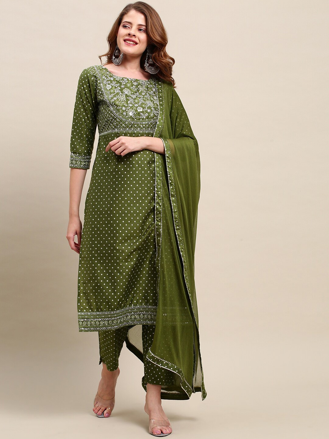 

FASHOR Women Green Floral Yoke Design Sequinned Kurta with Trousers