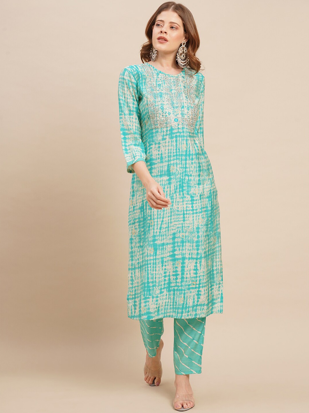 

FASHOR Women Sea Green Printed Kurti with Trousers & With Dupatta