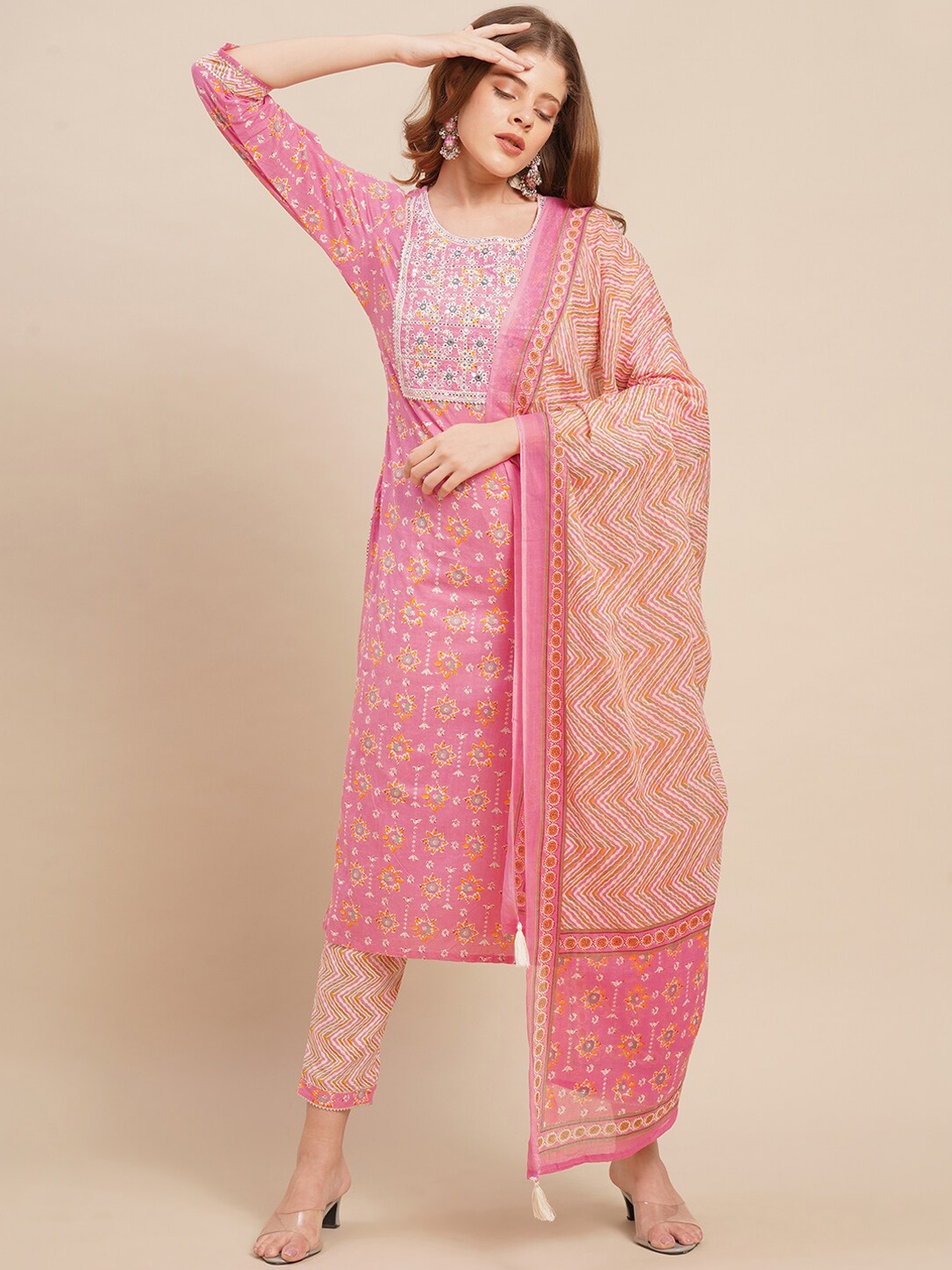 

FASHOR Women Pink & Yellow Ethnic Motifs Printed Thread Work Pure Cotton Kurta Set