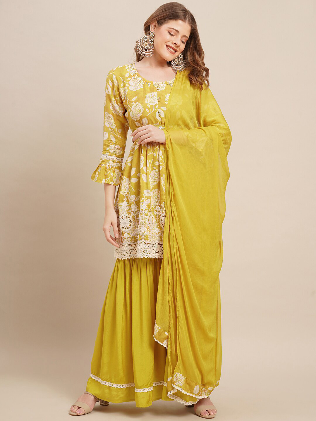 

FASHOR Women Yellow Floral Embroidered Kurta with Sharara & With Dupatta