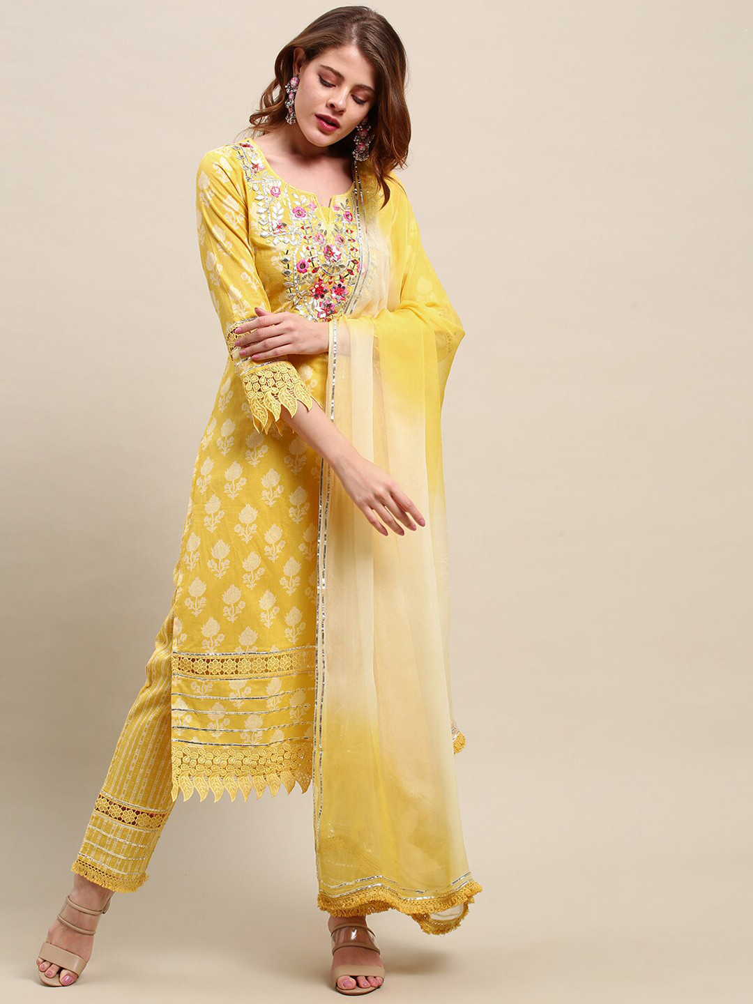 

FASHOR Women Yellow Floral Printed Thread Work Pure Cotton Kurta with Palazzos & With Dupatta
