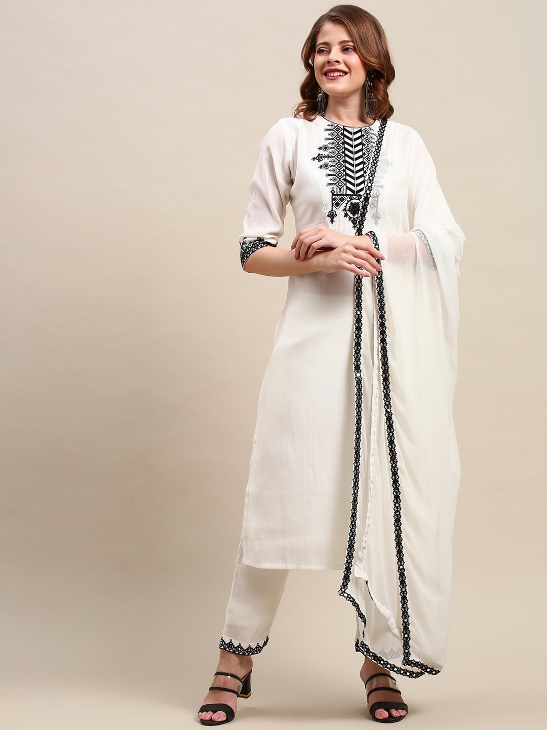 

FASHOR Women White & Black Yoke Design Chanderi Silk Kurta with Trousers & With Dupatta
