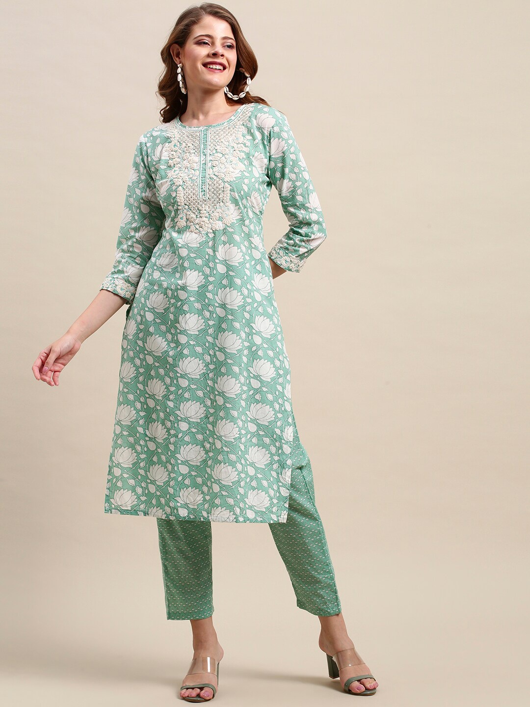 

FASHOR Women Green Printed Thread Work Pure Cotton Kurta with Trousers