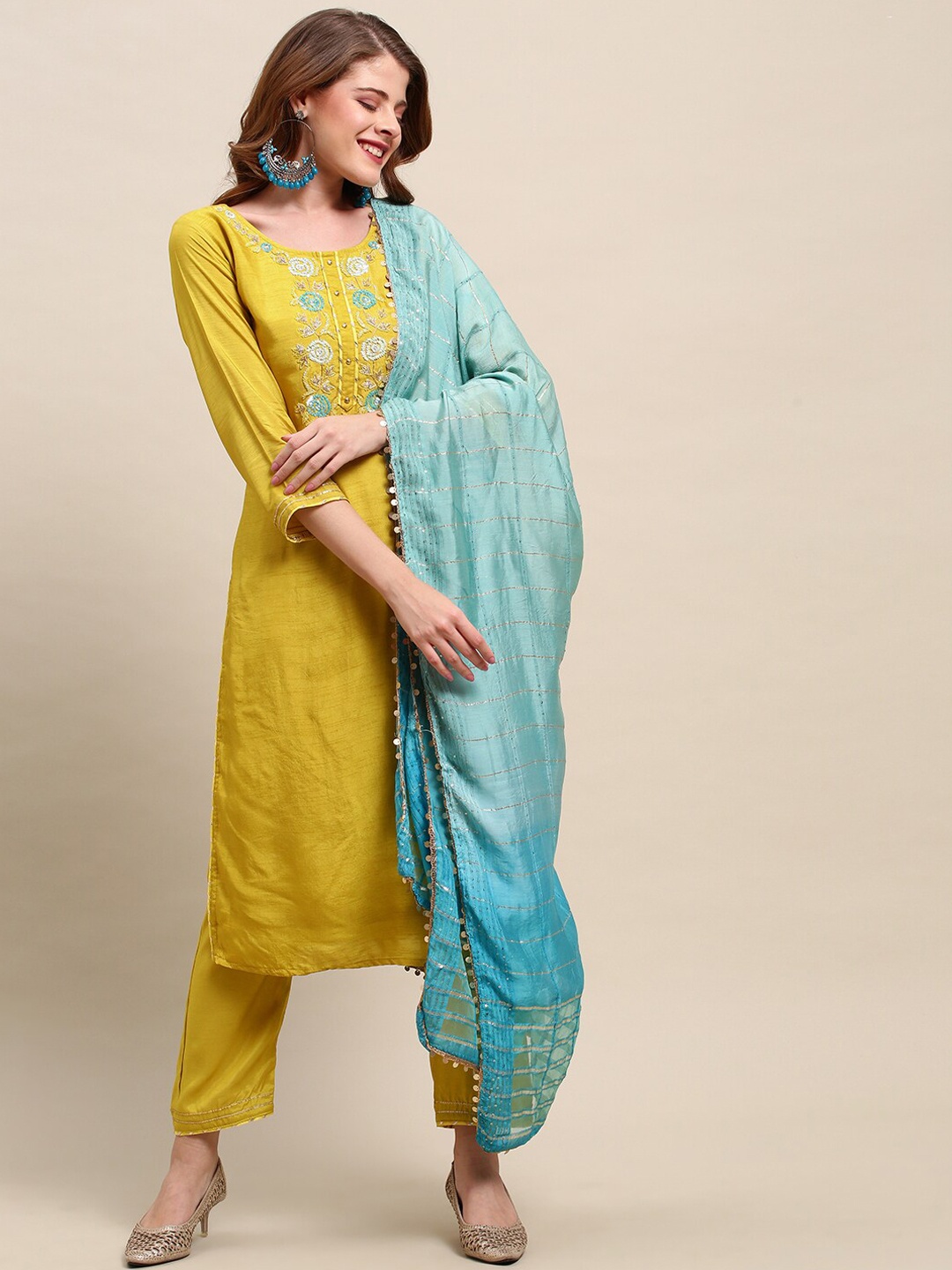 

FASHOR Women Yellow Embroidered Kurta with Pants and Dupatta