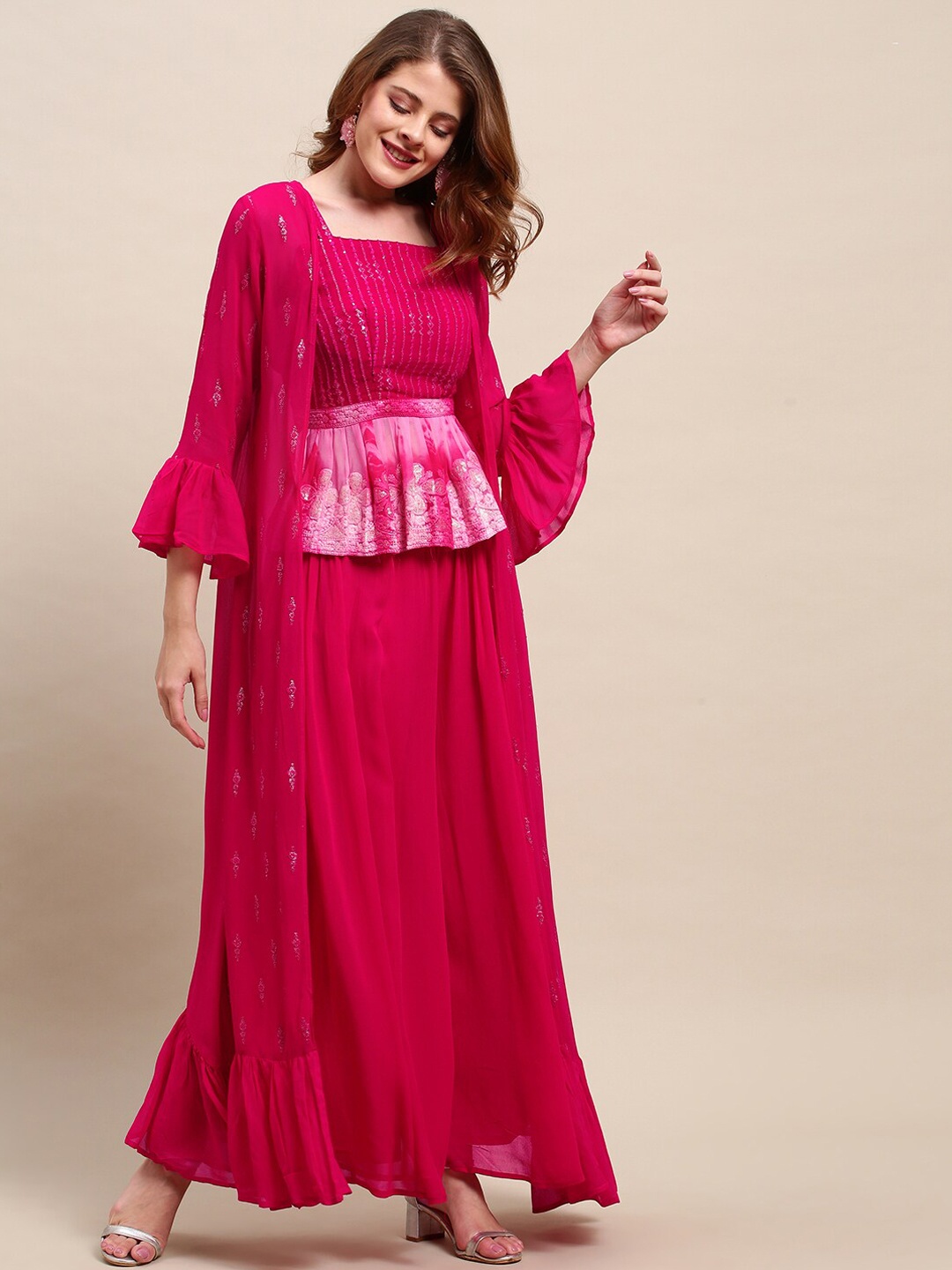 

FASHOR Women Pink Ethnic Motifs Embroidered Layered Sequinned Top with Sharara with Flared Jacket