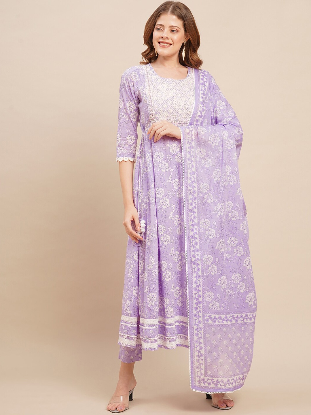 

FASHOR Women Purple Embroidered Layered Chikankari Pure Cotton Kurta with Trousers & With Dupatta