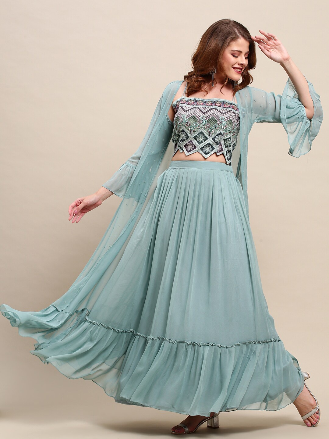 

FASHOR Women Blue Embroidered Sequinned Top with Skirt with Flared Jacket