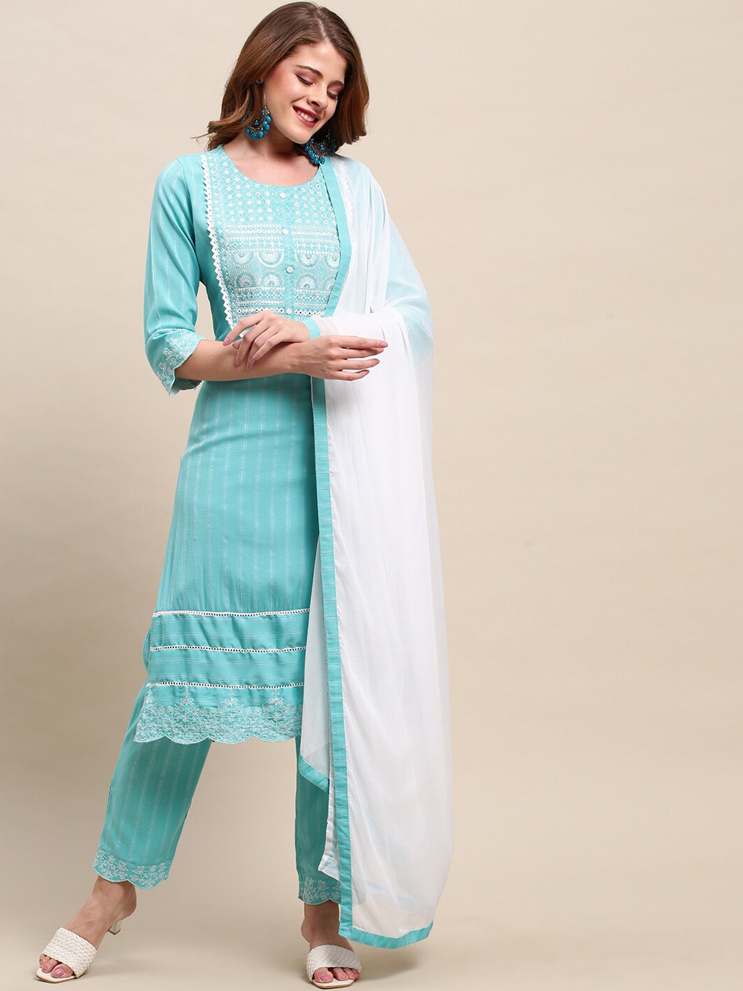 

FASHOR Women Turquoise Blue Embroidered Kurta with Trousers & With Dupatta