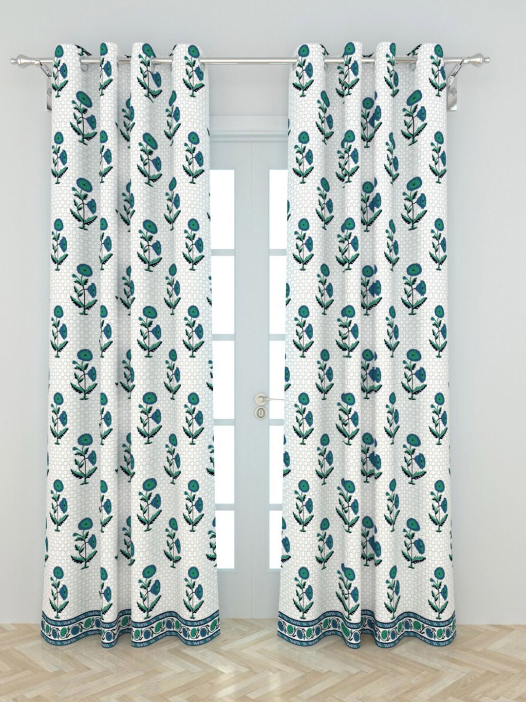 

Home Centre White & Green Floral Printed Black Out Door Curtain