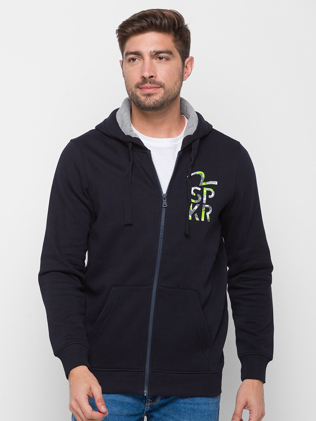 

SPYKAR Men Navy Blue Cotton Regular Fit Hooded Sweatshirt