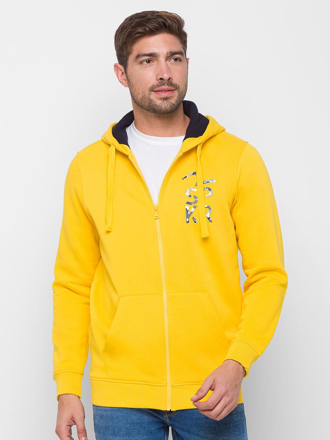 

SPYKAR Men Yellow Cotton Regular Fit Hooded Sweatshirt