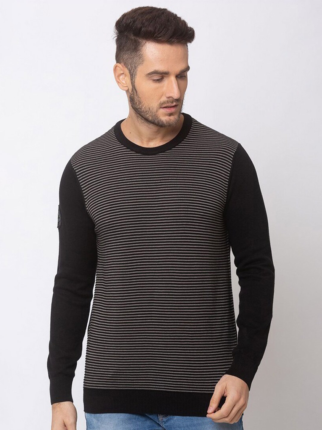 

SPYKAR Men Black & Grey Striped Pullover