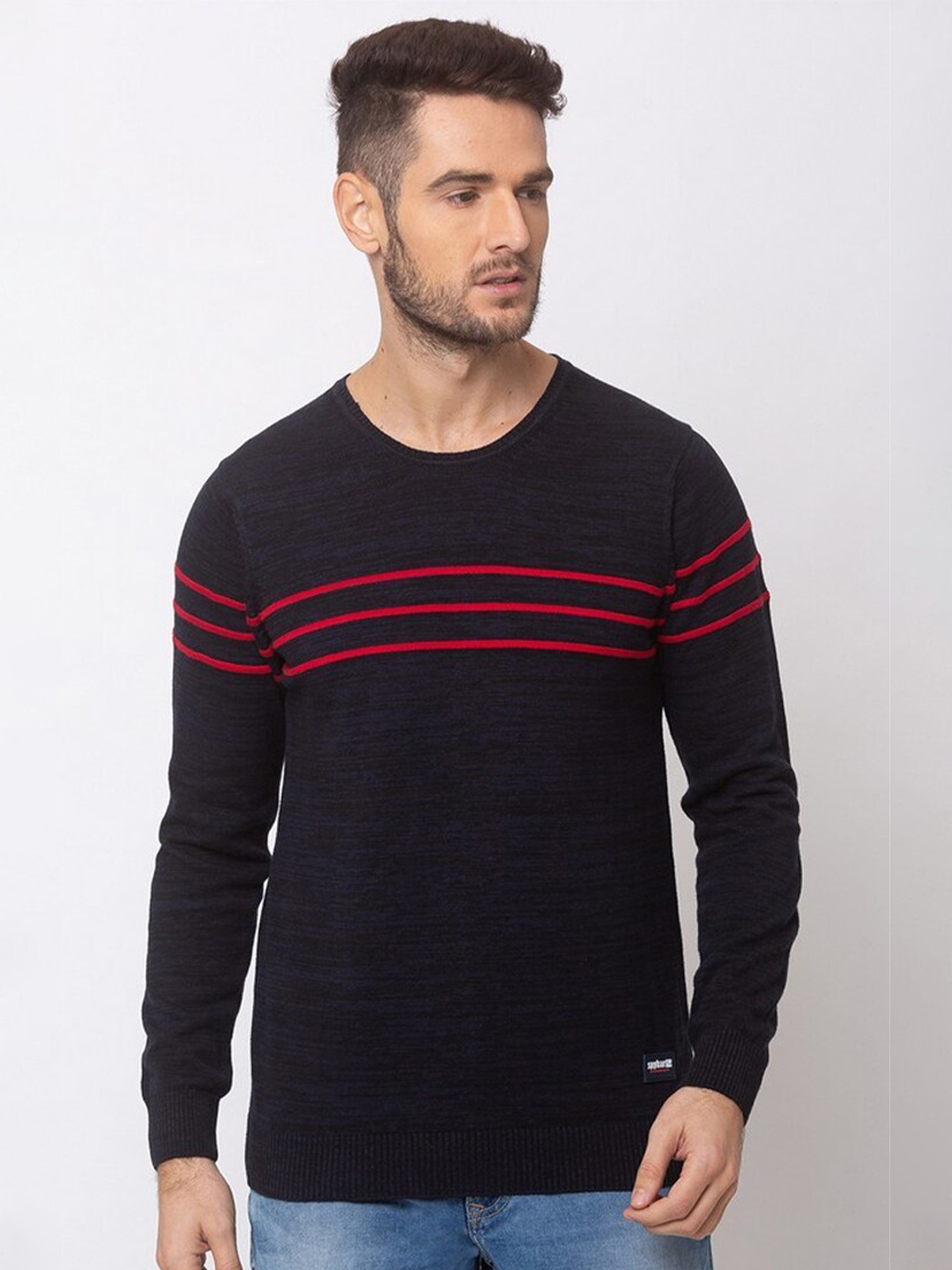 

SPYKAR Men Blue Striped Pullover