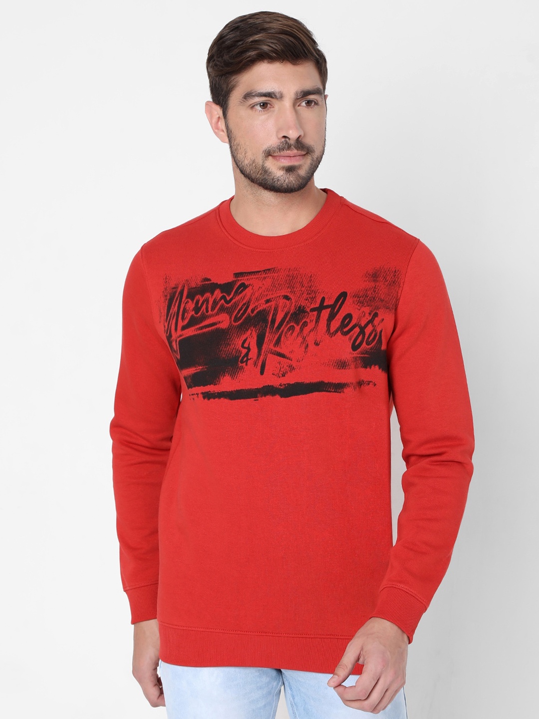 

SPYKAR Men Orange Printed Cotton Slim Fit Sweatshirt