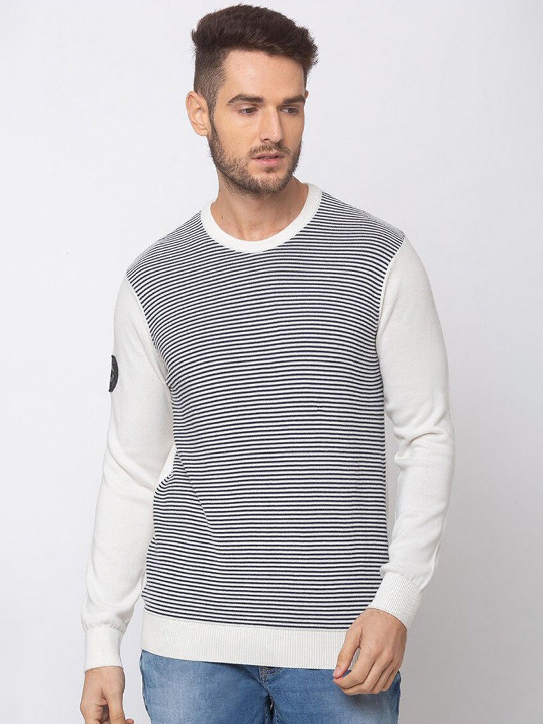 

SPYKAR Men White & Grey Striped Cotton Sweater Vest