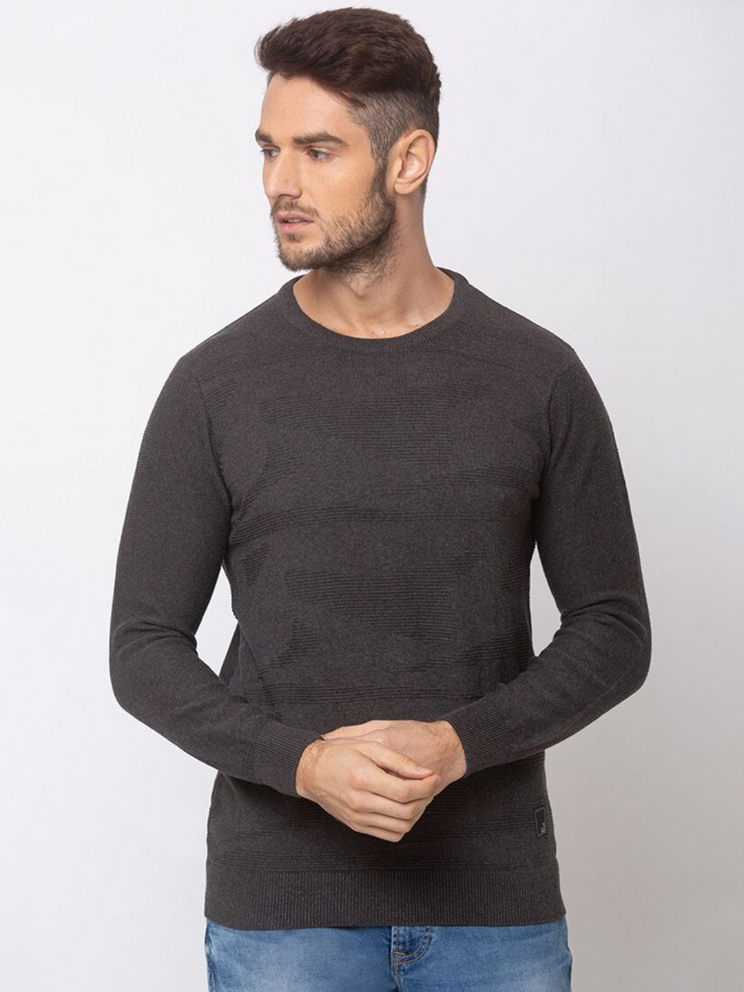 

SPYKAR Men Grey Striped Sweater