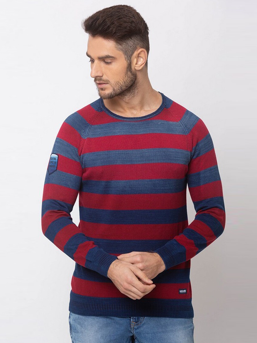 

SPYKAR Men Blue & Red Striped Pullover