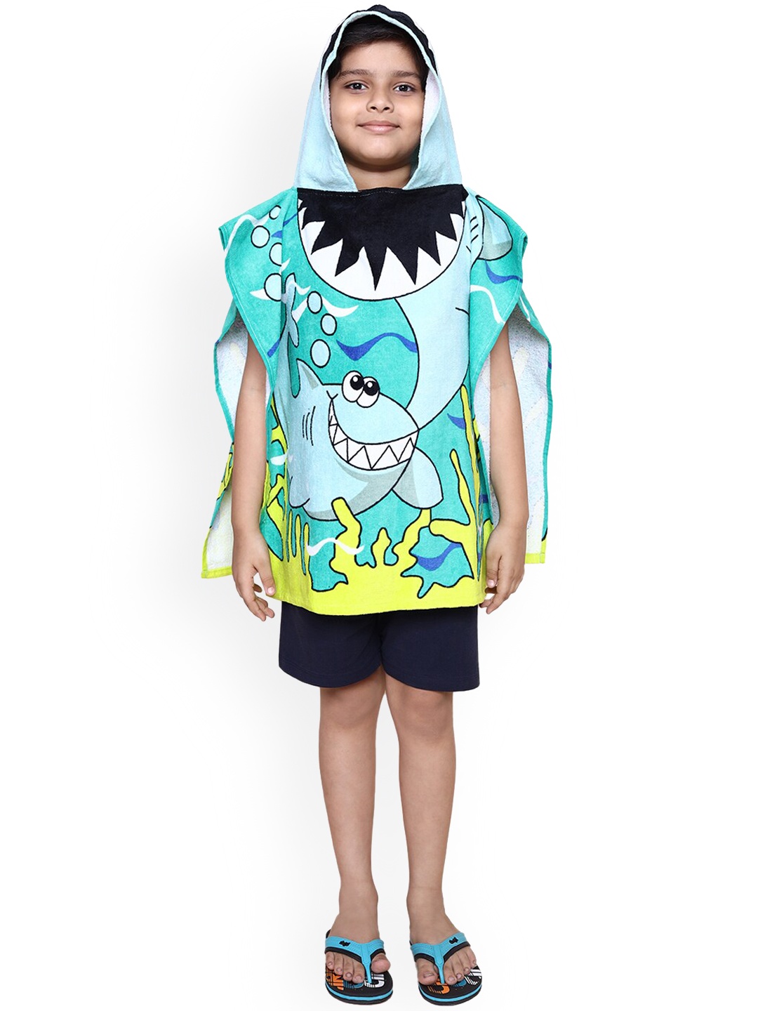 

Yellow Bee Boys Sea-Green Printed 300 GSM Cotton Hooded Bath Towel