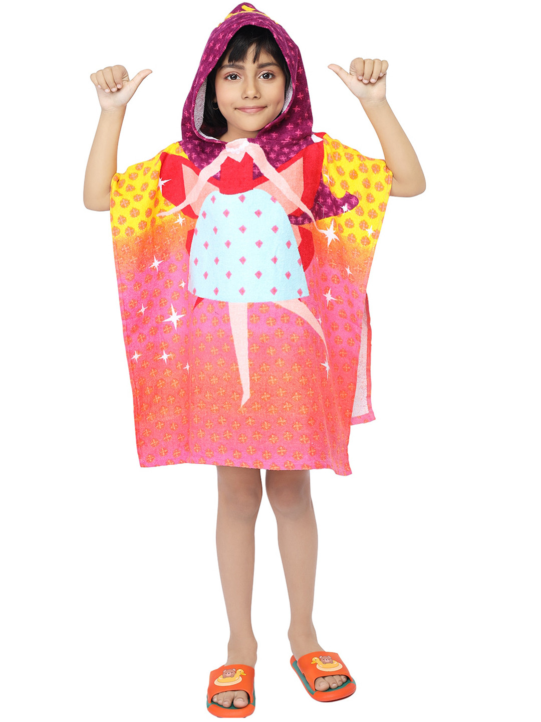 

Yellow Bee Girls Yellow & Pink Printed 300 GSM Hooded Poncho Bath Towel