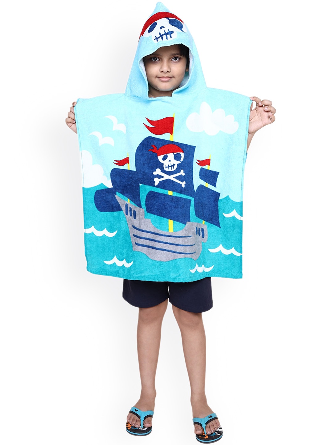 

Yellow Bee Blue Printed 300 GSM Pure Cotton Hooded Poncho Towel