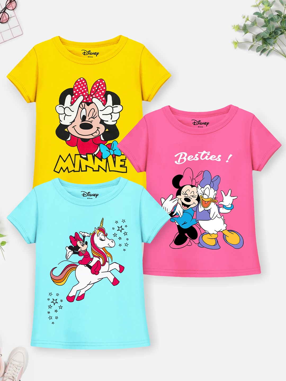 

YK Disney Girls Blue & Pink Pack Of 3 Minnie Mouse Printed T-shirt