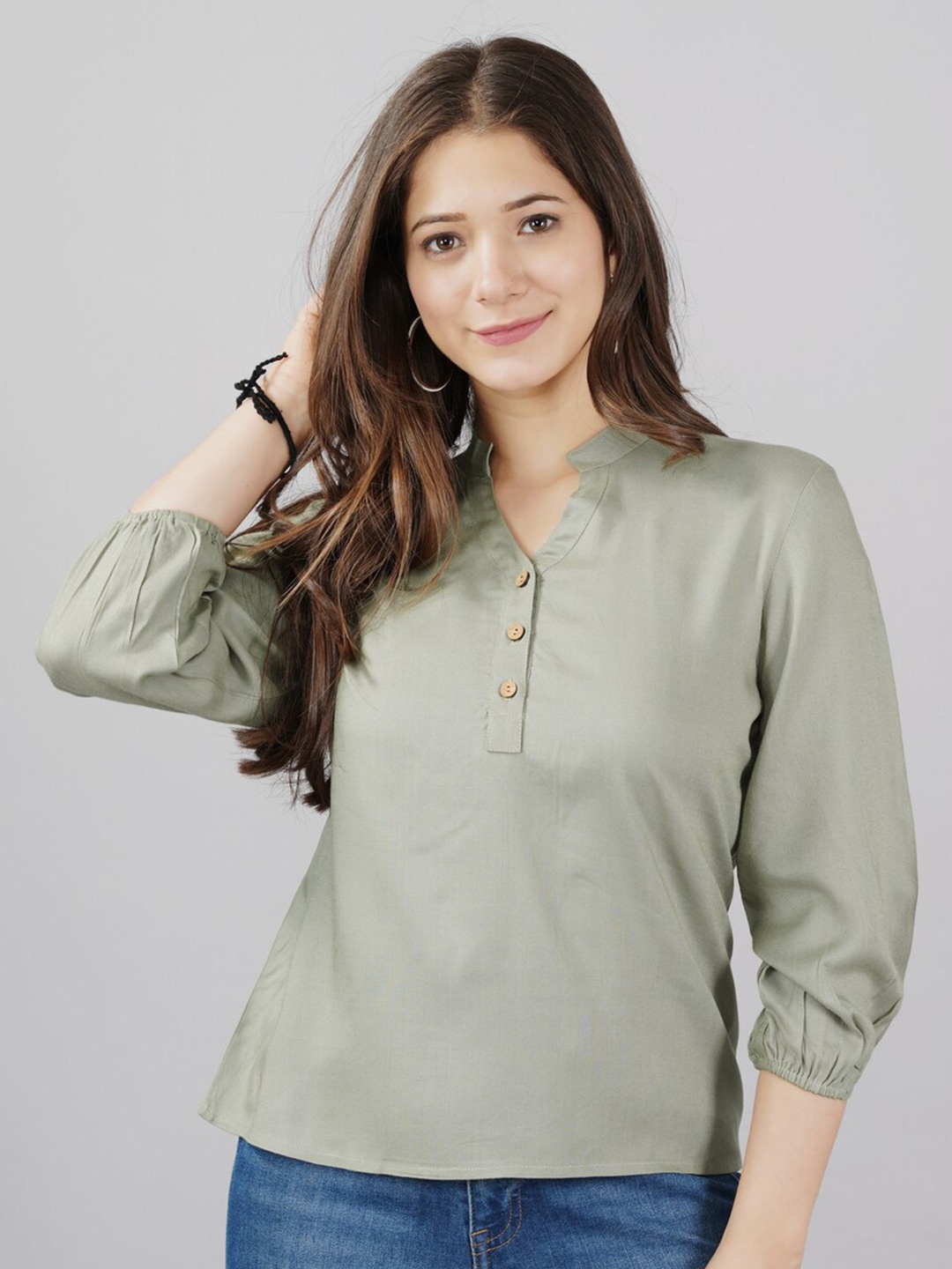 

KALINI Women Grey Solid Mandarin Collar Top