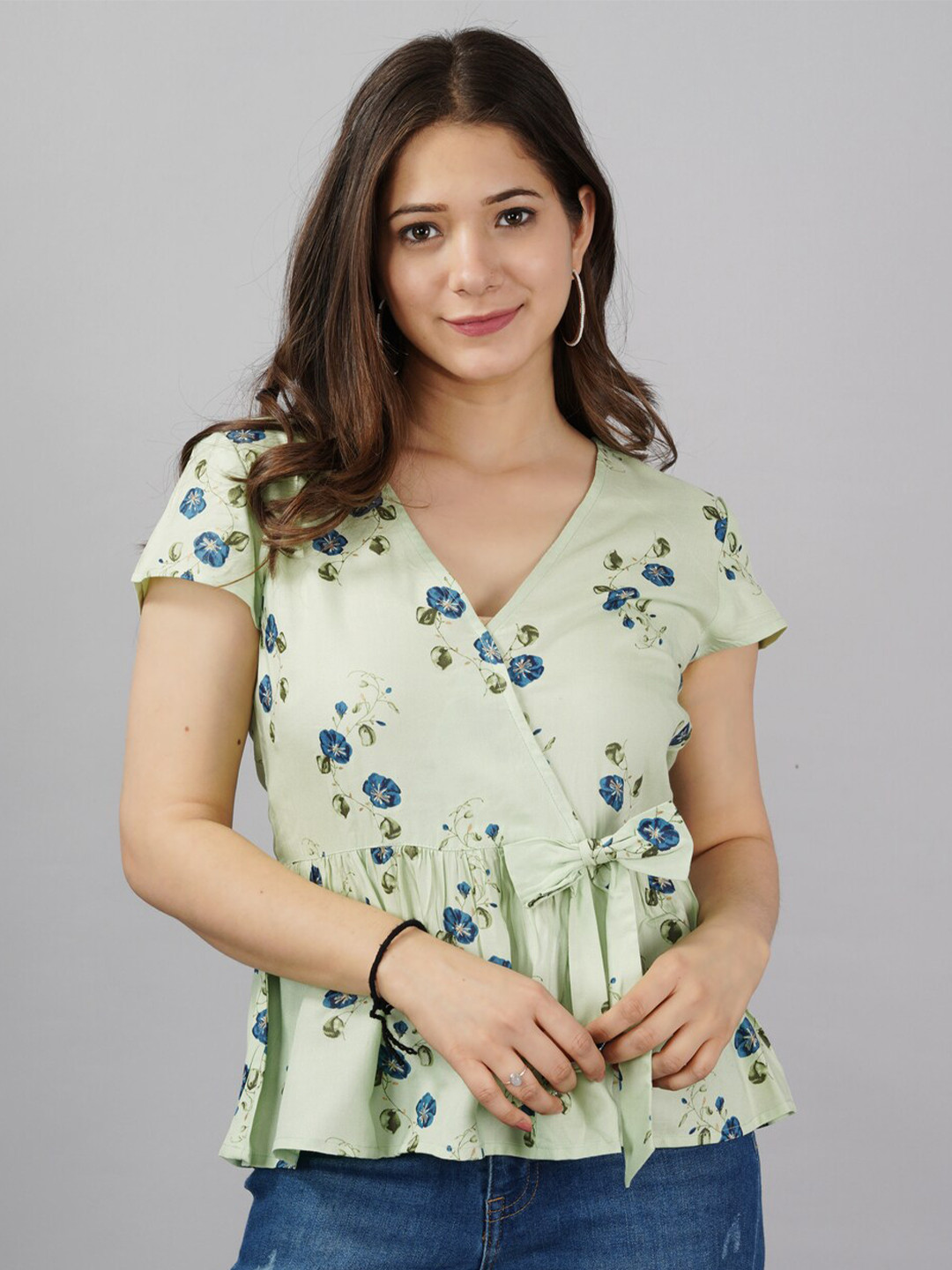 

KALINI Women Green Floral Printed Rayon Wrap Top