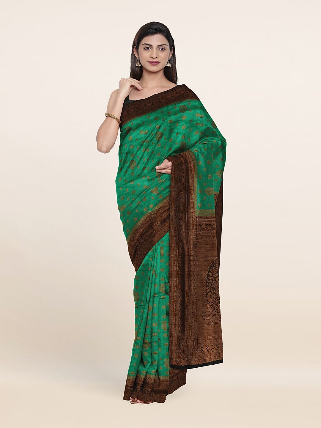 

Pothys Green & Brown Floral Printed Saree