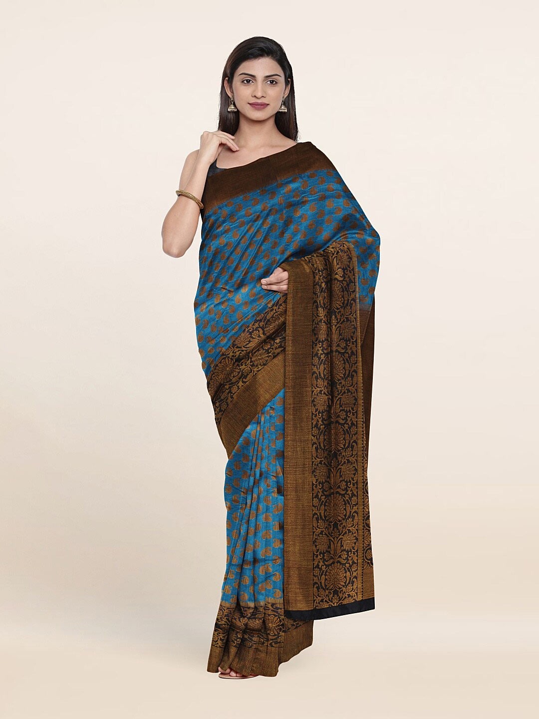 

Pothys Blue & Brown Floral Zari Cotton Blend Saree